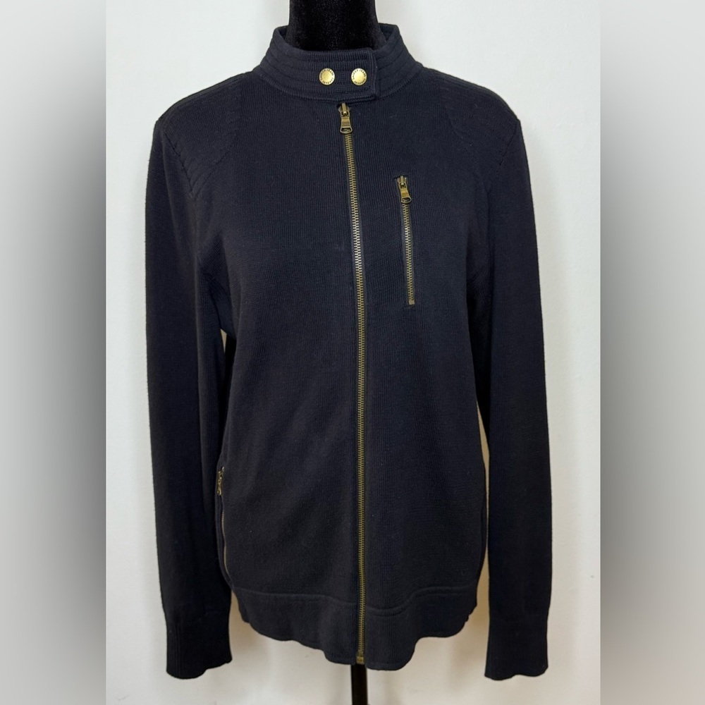 Ralph Lauren black zipper front cardigan sweater jacket zip pockets logo XL EUC